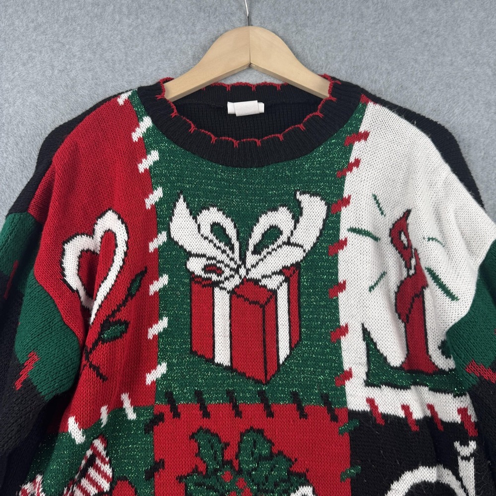 Holiday Time Sweater Womens Medium Red Green Christmas Patchwork Glitter Knit - Picture 2 of 8